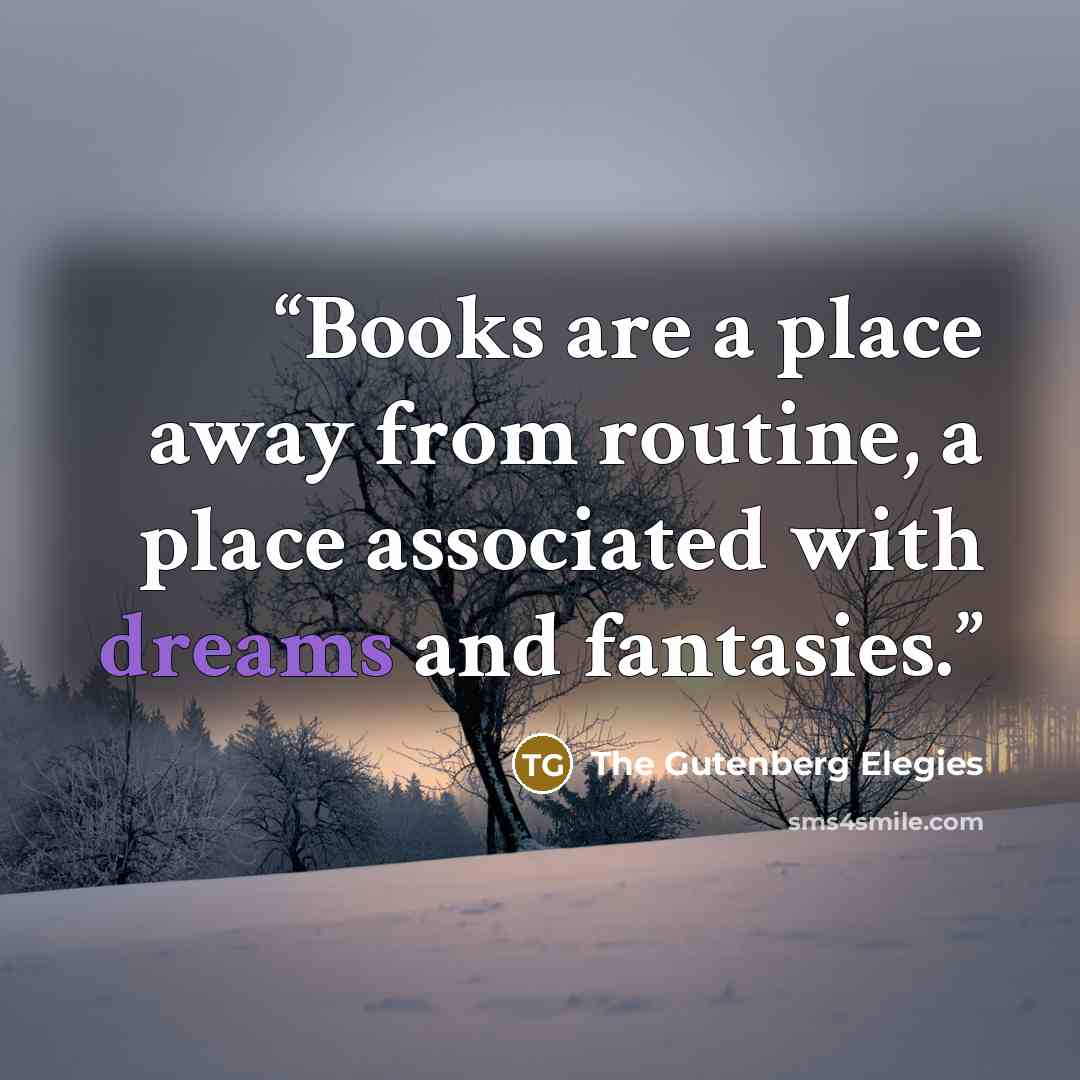 “Books are a place away from routine, a place associated with dreams and fantasies.” quote by The Gutenberg Elegies