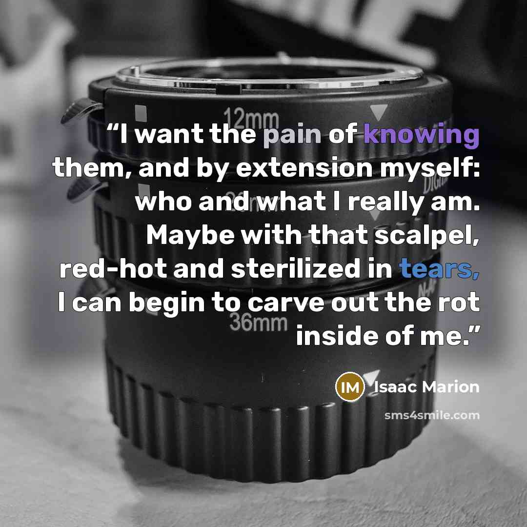 “I want the pain of knowing them, and by extension myself: who and what I really am. Maybe with that scalpel, red-hot and sterilized in tears, I can begin to carve out the rot inside of me.” quote by Isaac Marion