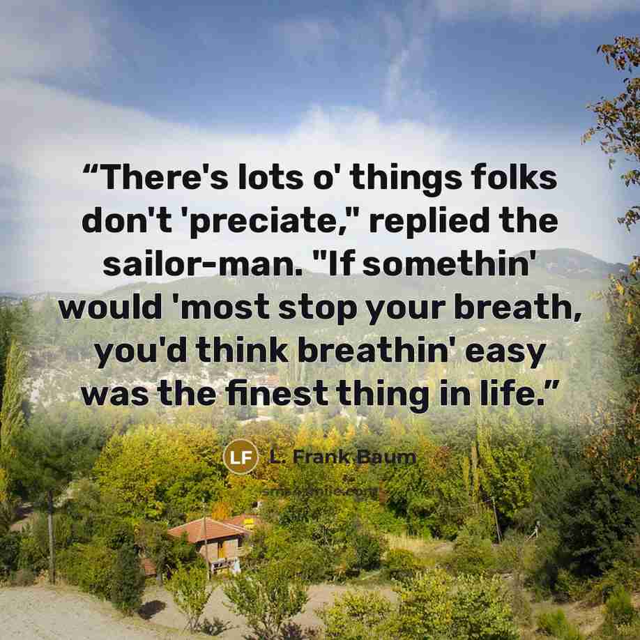 “There's lots o' things folks don't 'preciate," replied the sailor-man. "If somethin' would 'most stop your breath, you'd think breathin' easy was the finest thing in life.” quote by L. Frank Baum