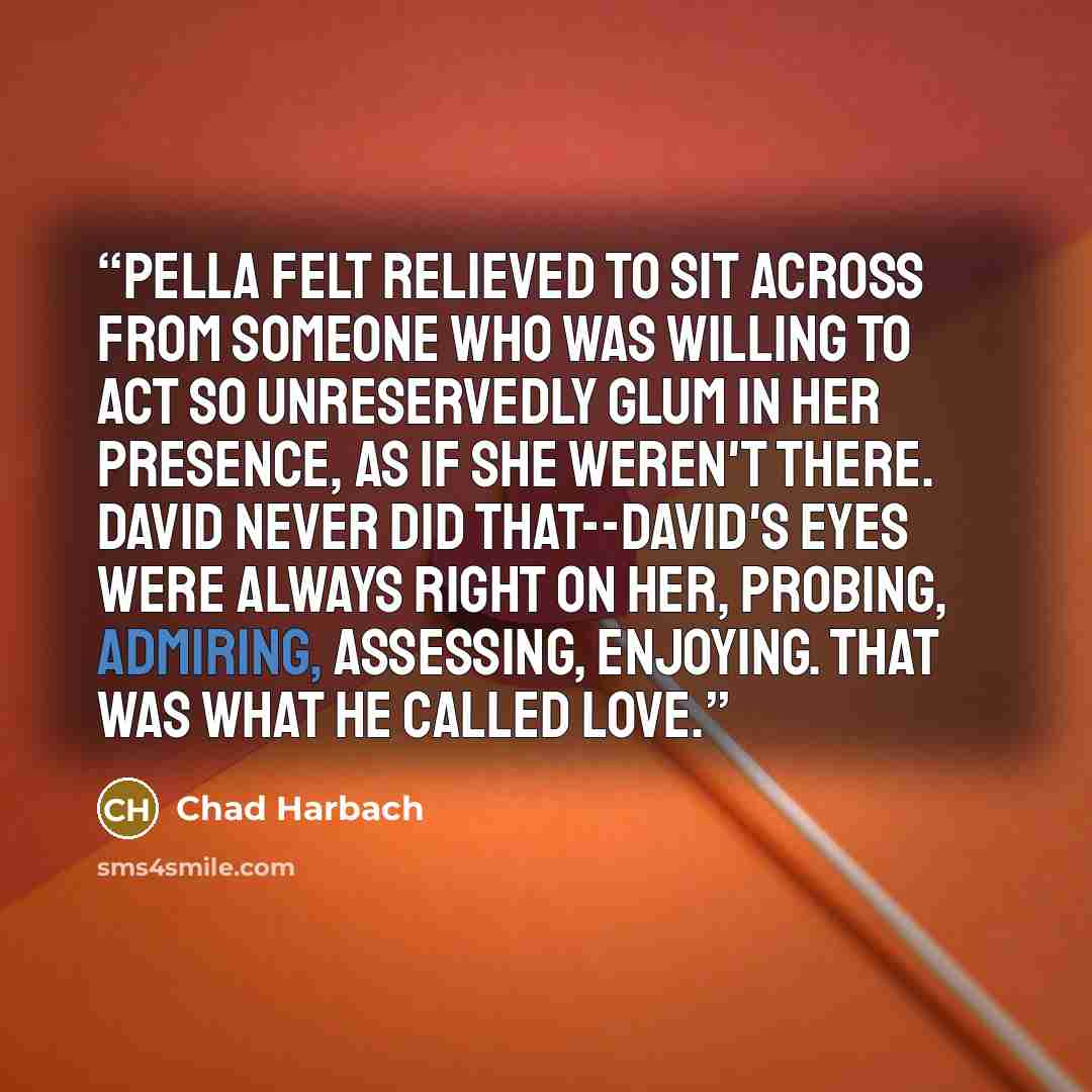 “Pella felt relieved to sit across from someone who was willing to act so unreservedly glum in her presence, as if she weren't there. David never did that--David's eyes were always right on her, probing, admiring, assessing, enjoying. That was what he called love.” quote by Chad Harbach