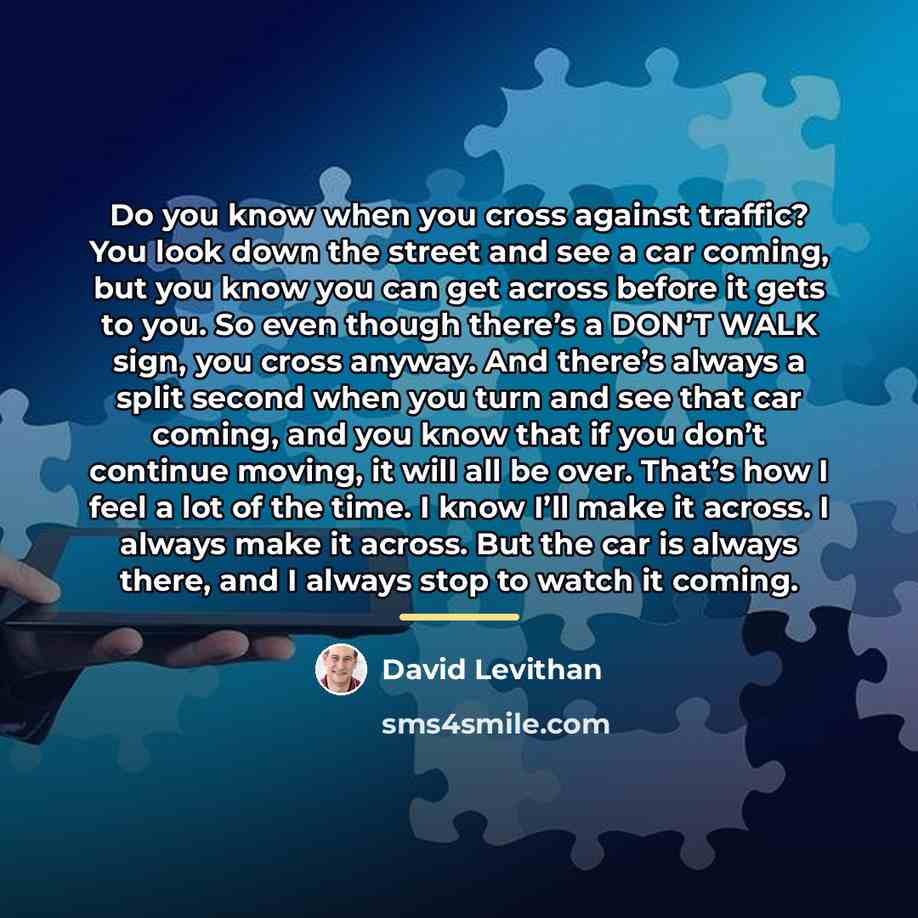 “Do you know when you cross against traffic? You look…” quote by David Levithan