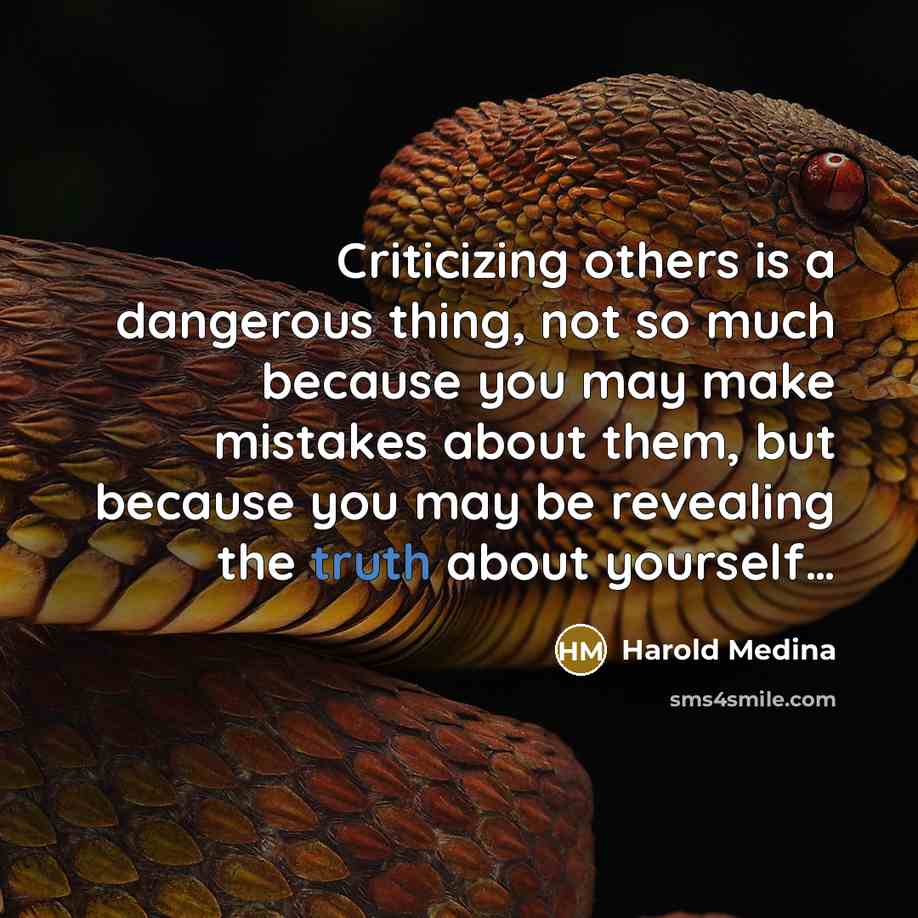“Criticizing others is a dangerous thing, not so much because you may make mistakes about them, but because you may be revealing the truth about yourself…” quote by Harold Medina
