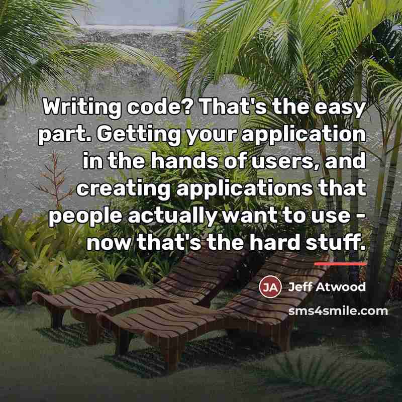 “Writing code? That's the easy part. Getting your application in…” quote by Jeff Atwood
