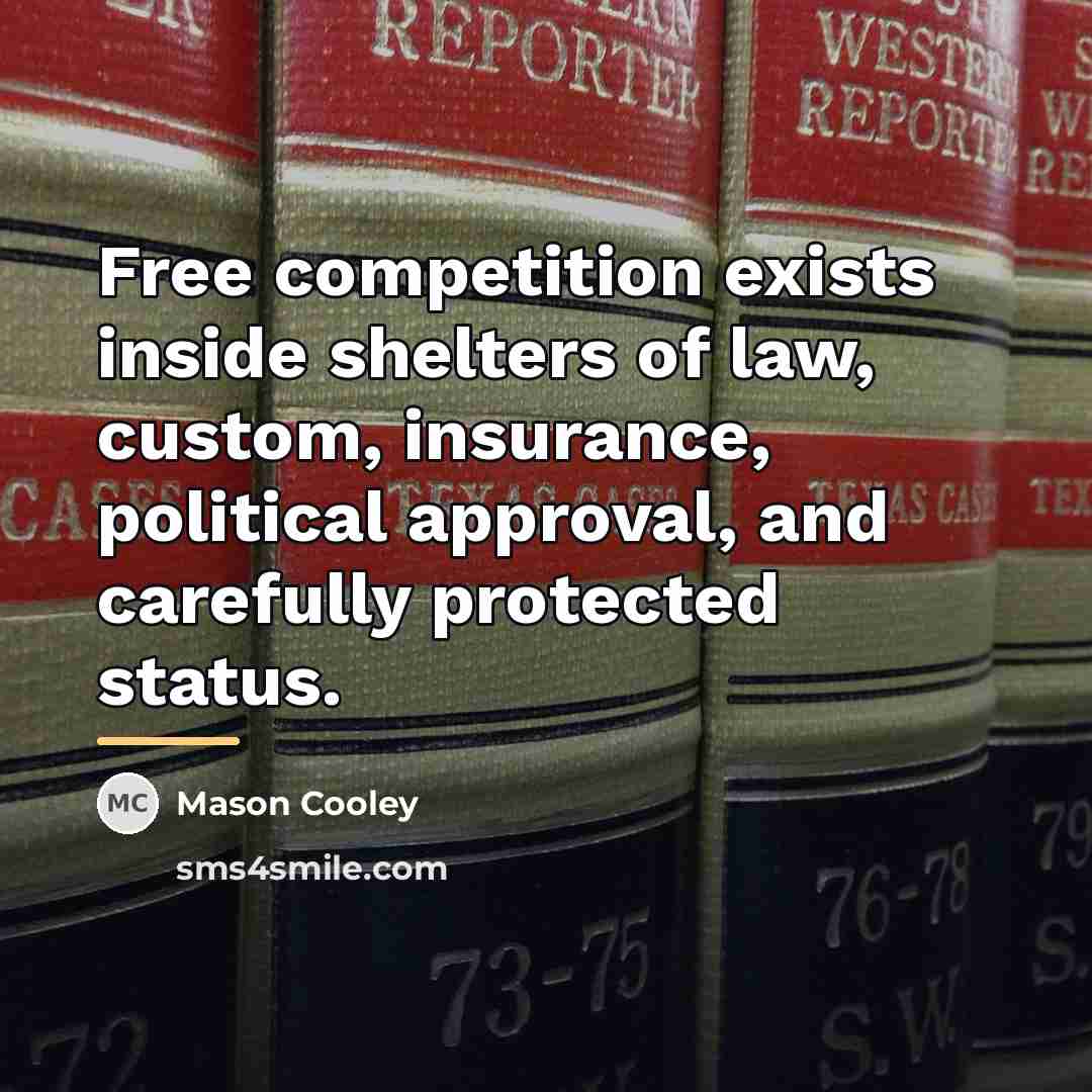 “Free competition exists inside shelters of law, custom, insurance, political…” quote by Mason Cooley