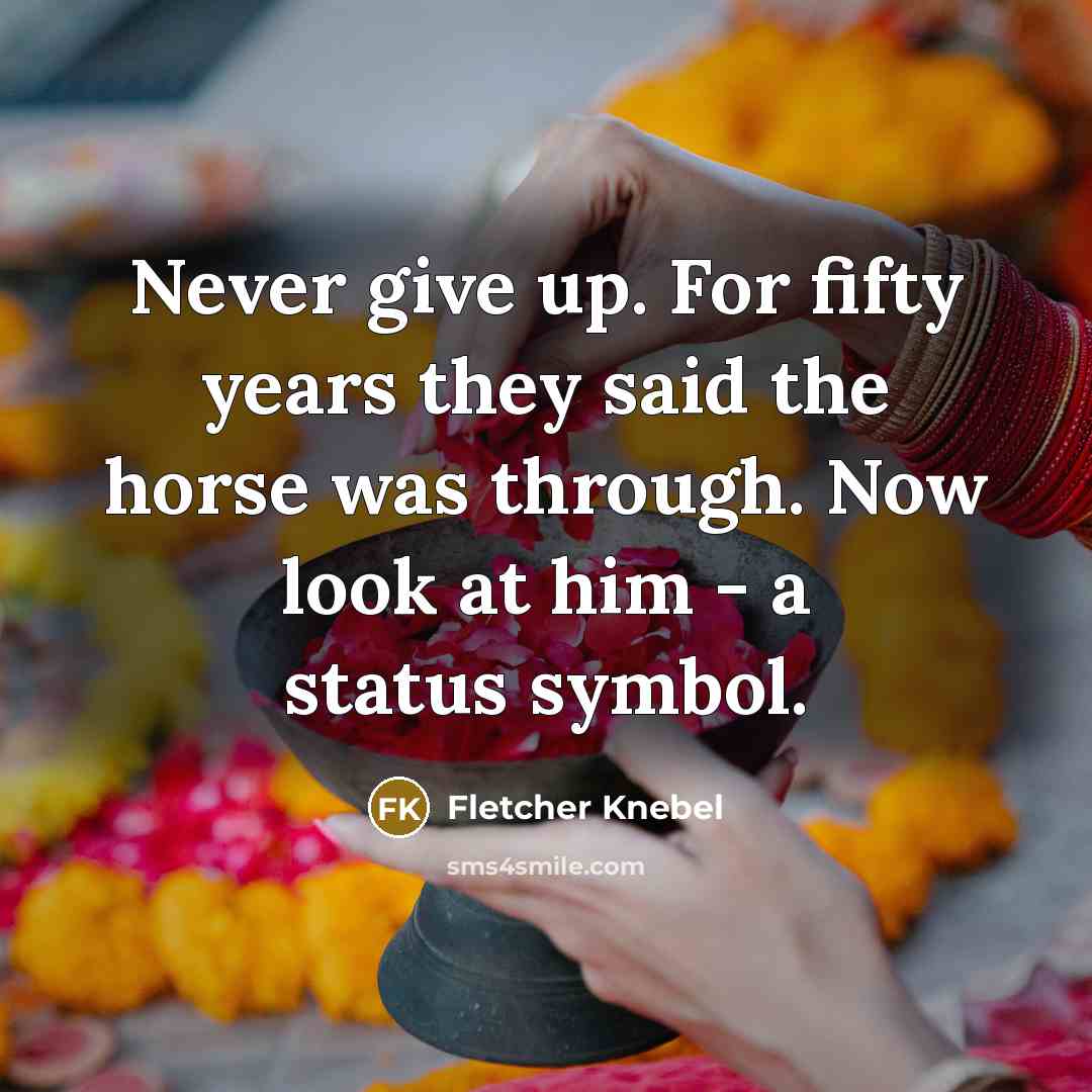 “Never give up. For fifty years they said the horse…” quote by Fletcher Knebel