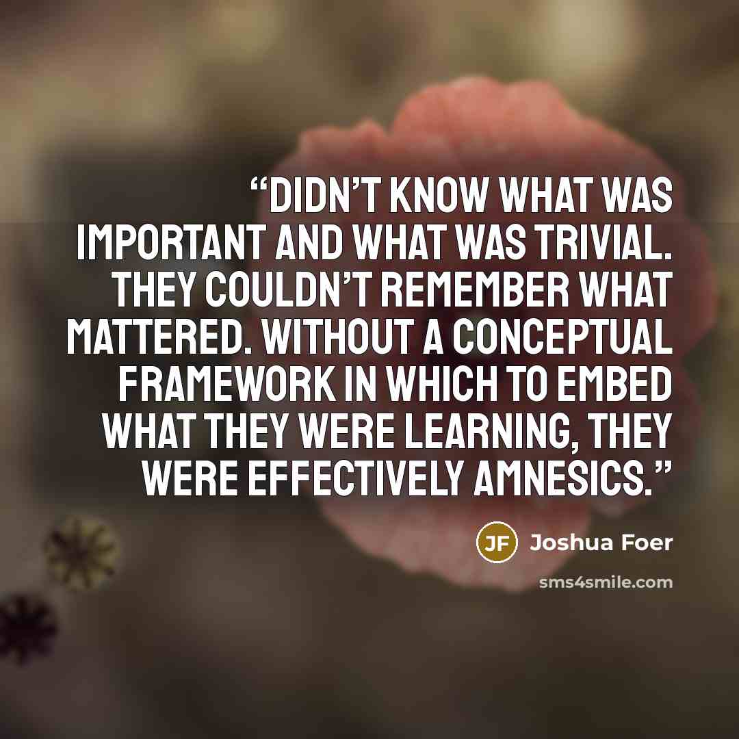 “didn’t know what was important and what was trivial. They couldn’t remember what mattered. Without a conceptual framework in which to embed what they were learning, they were effectively amnesics.” quote by Joshua Foer