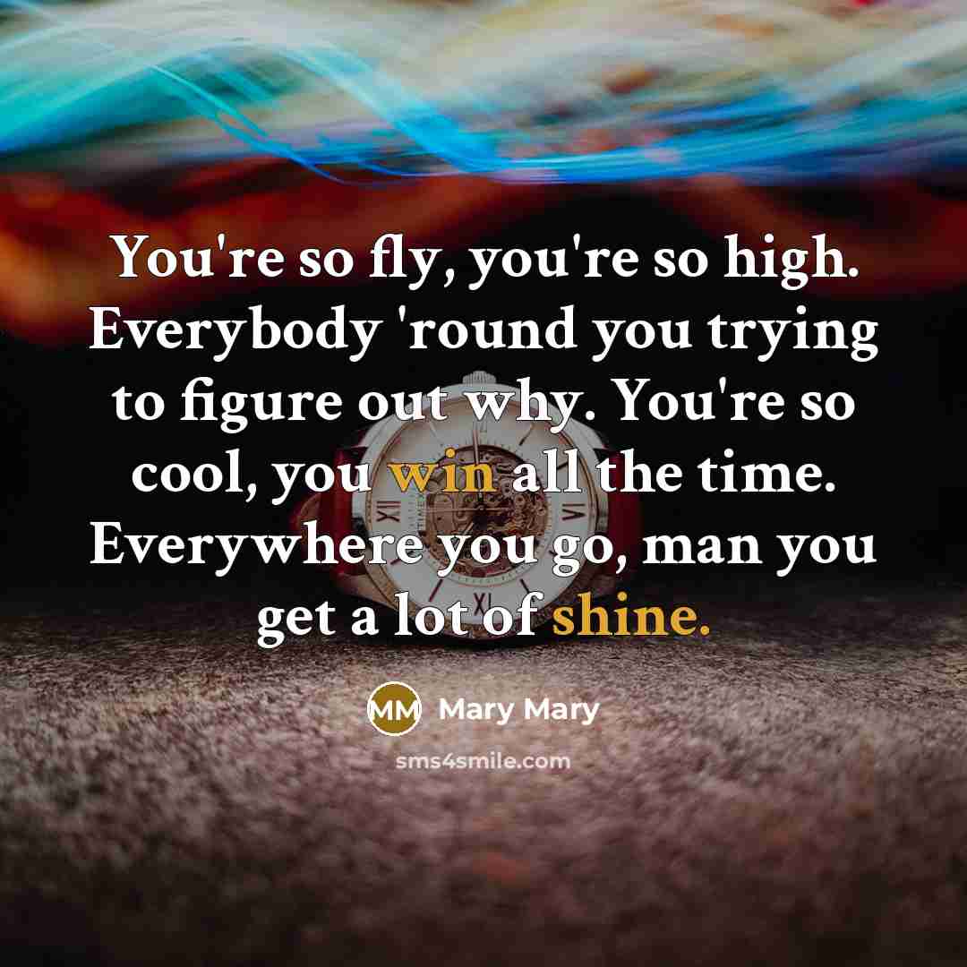 “You're so fly, you're so high. Everybody 'round you trying to figure out why. You're so cool, you win all the time. Everywhere you go, man you get a lot of shine.” quote by Mary Mary