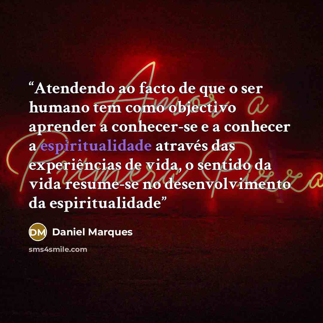“Atendendo ao facto de que o ser humano tem como objectivo aprender a conhecer-se e a conhecer a espiritualidade através das experiências de vida, o sentido da vida resume-se no desenvolvimento da espiritualidade” quote by Daniel Marques