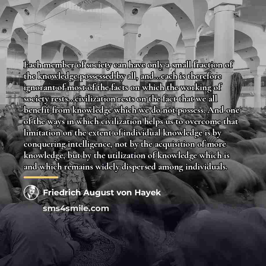 “Each member of society can have only a small fraction…” quote by Friedrich August von Hayek