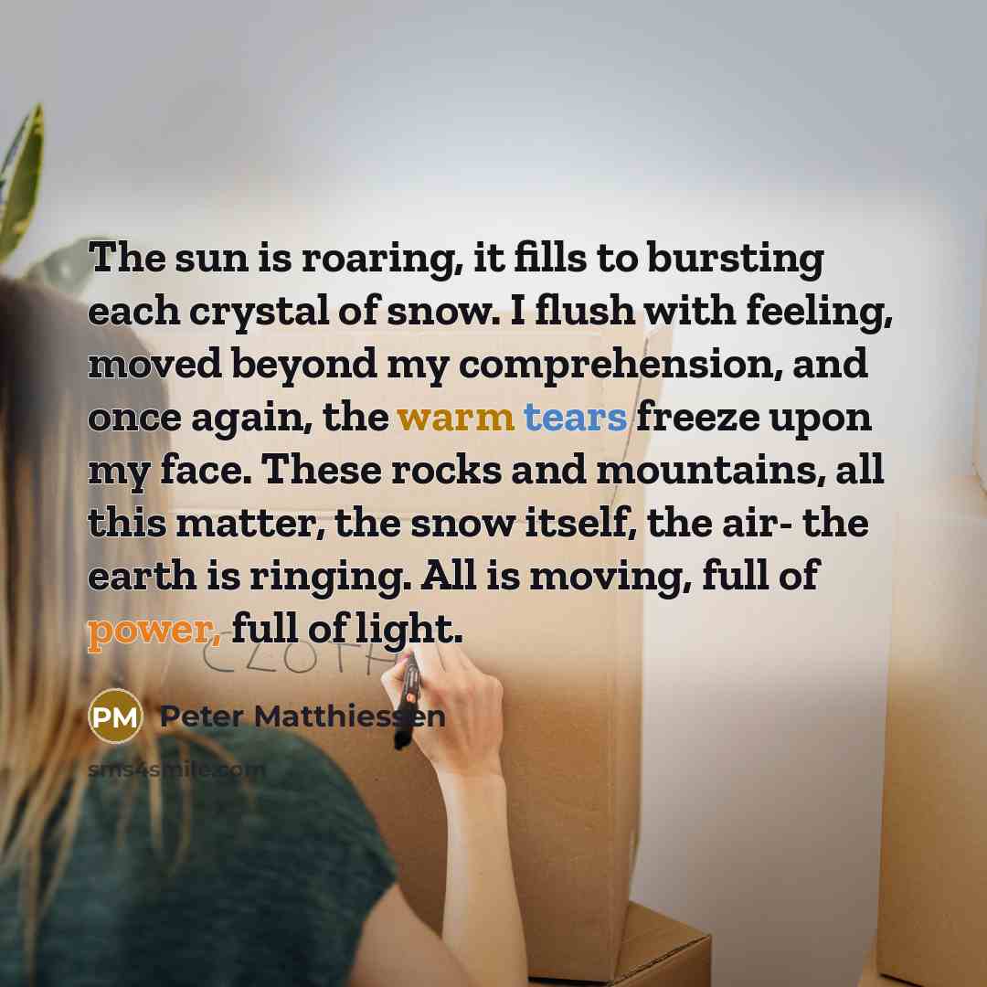 “The sun is roaring, it fills to bursting each crystal…” quote by Peter Matthiessen