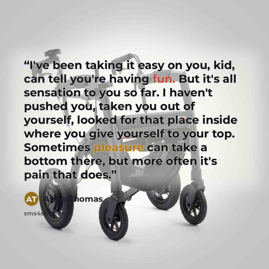 “I've been taking it easy on you, kid, can tell you're having fun. But it's all sensation to you so far. I haven't pushed you, taken you out of yourself, looked for that place inside where you give yourself to your top. Sometimes pleasure can take a bottom there, but more often it's pain that does.” quote by Anne Thomas