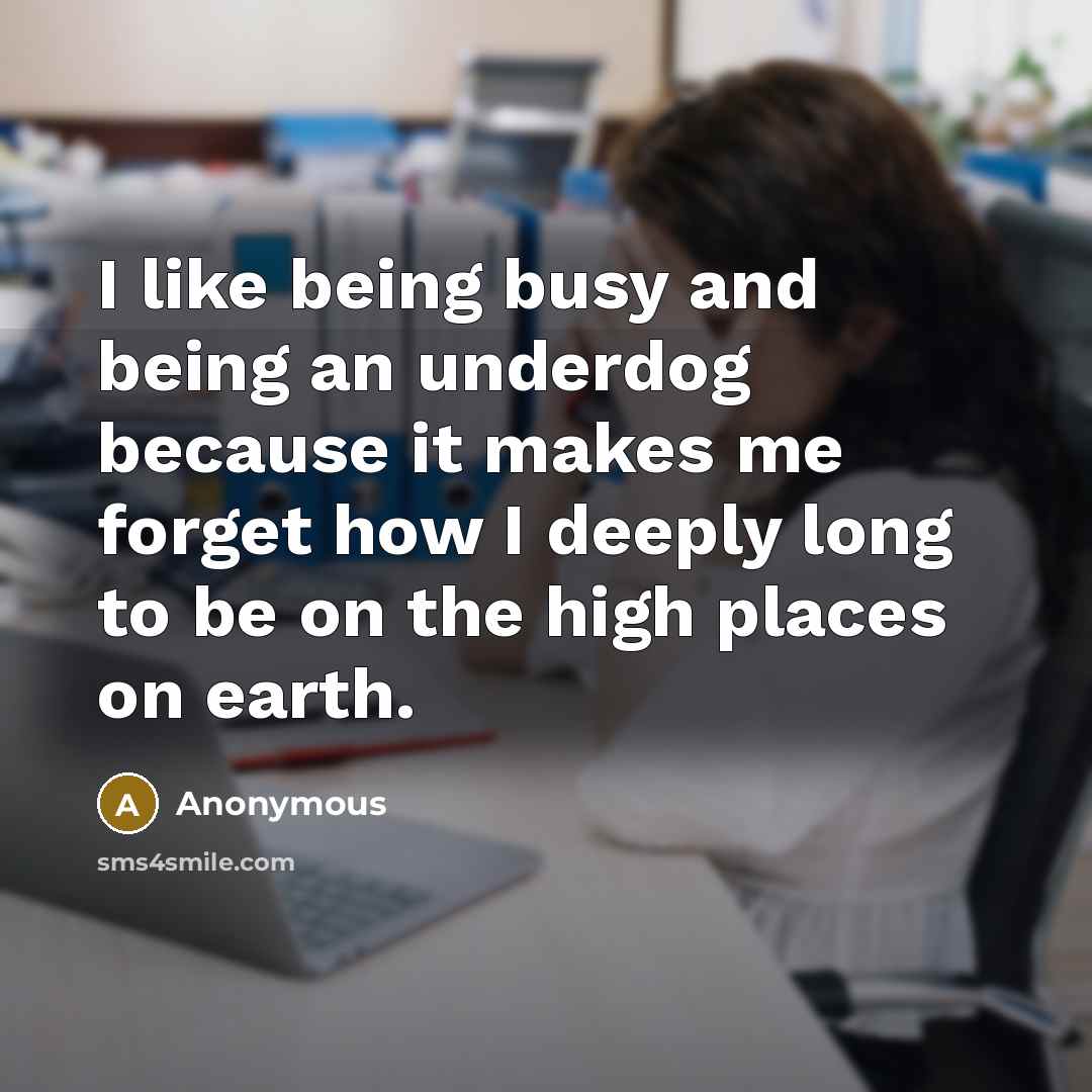 “I like being busy and being an underdog because it makes me forget how I deeply long to be on the high places on earth.” quote by Anonymous