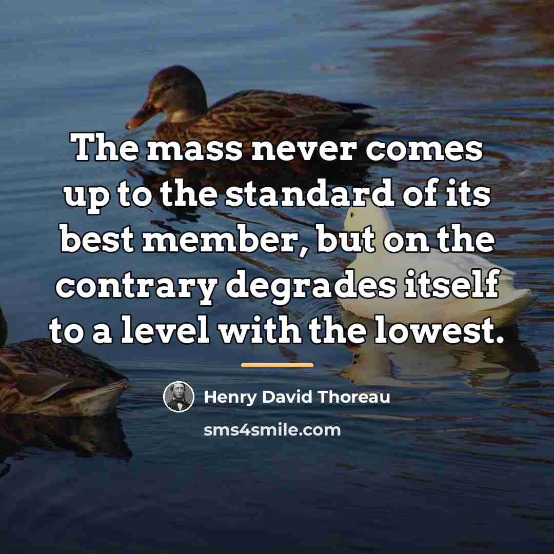 “The mass never comes up to the standard of its…” quote by Henry David Thoreau