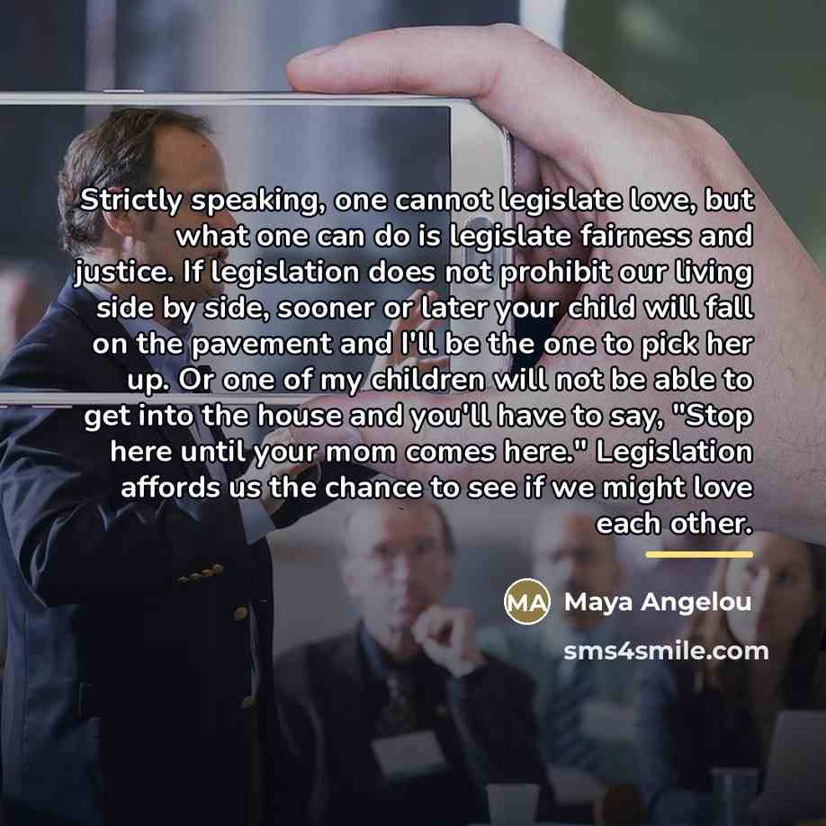 “Strictly speaking, one cannot legislate love, but what one can…” quote by Maya Angelou