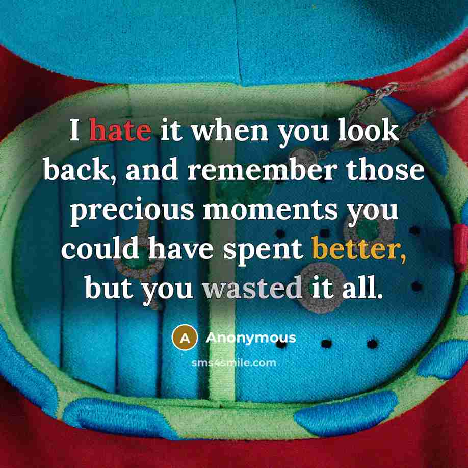 “I hate it when you look back, and remember those precious moments you could have spent better, but you wasted it all.” quote by Anonymous