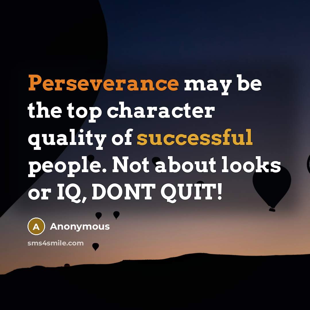 “Perseverance may be the top character quality of successful people. Not about looks or IQ, DONT QUIT!” quote by Anonymous