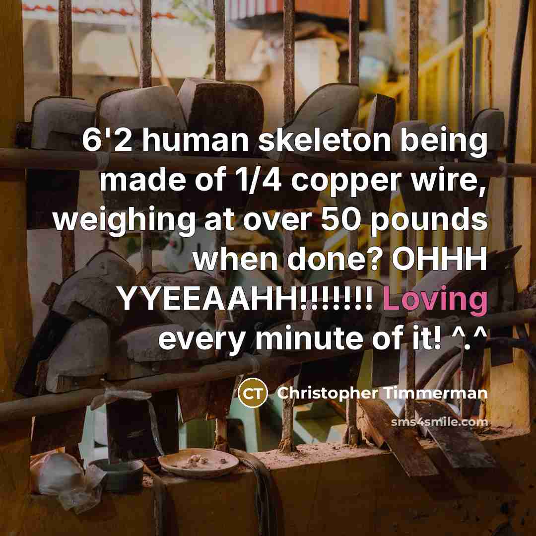 “6'2 human skeleton being made of 1/4 copper wire, weighing…” quote by Christopher Timmerman