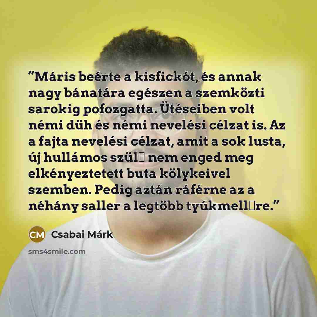 “Máris beérte a kisfickót, és annak nagy bánatára egészen a szemközti sarokig pofozgatta. Ütéseiben volt némi düh és némi nevelési célzat is. Az a fajta nevelési célzat, amit a sok lusta, új hullámos szülő nem enged meg elkényeztetett buta kölykeivel szemben. Pedig aztán ráférne az a néhány saller…” quote by Csabai Márk
