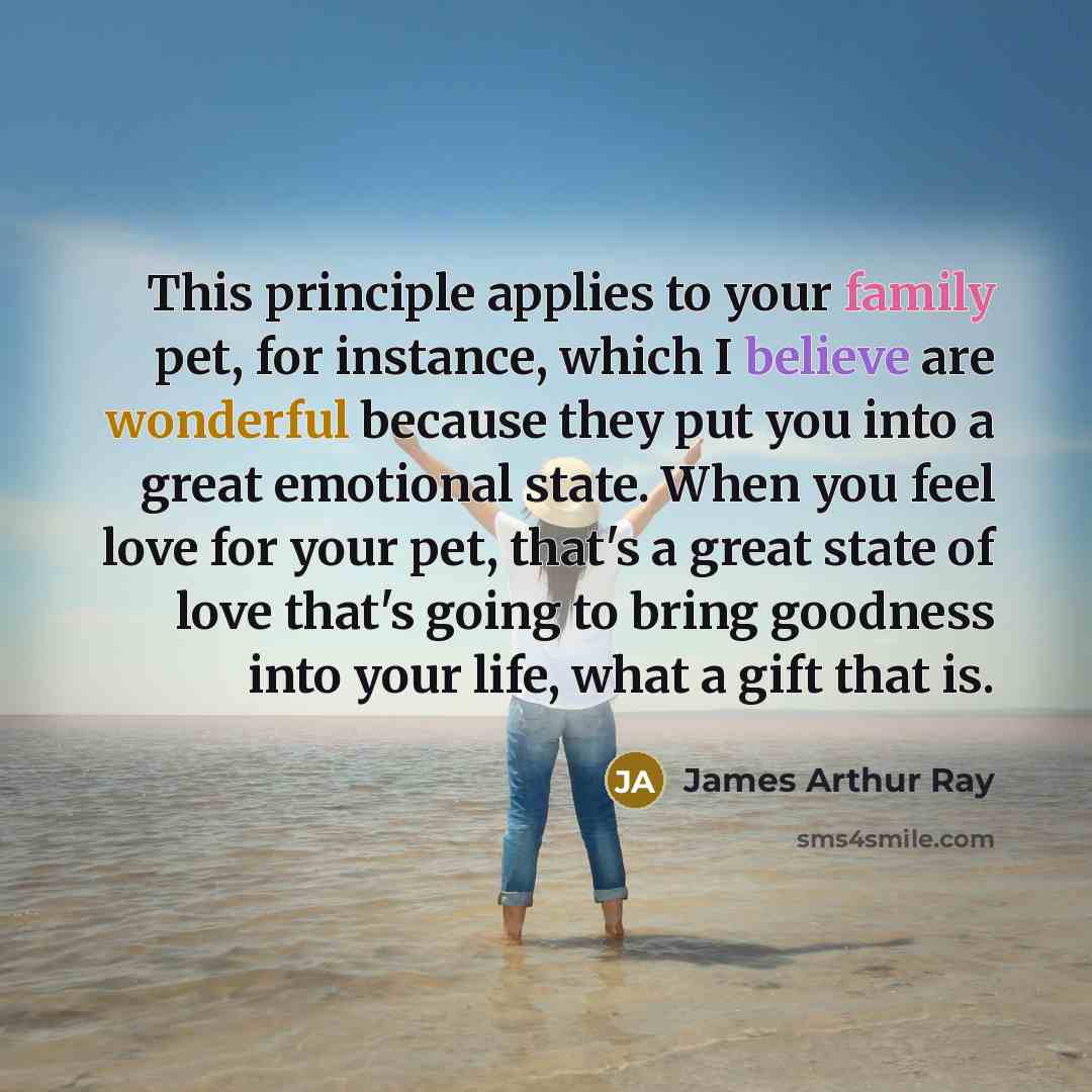 “This principle applies to your family pet, for instance, which I believe are wonderful because they put you into a great emotional state. When you feel love for your pet, that's a great state of love that's going to bring goodness into your life, what a gift that is.” quote by James Arthur Ray