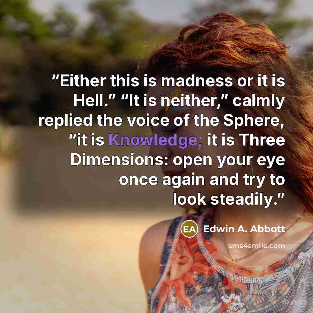 “Either this is madness or it is Hell.” “It is neither,” calmly replied the voice of the Sphere, “it is Knowledge; it is Three Dimensions: open your eye once again and try to look steadily.” quote by Edwin A. Abbott