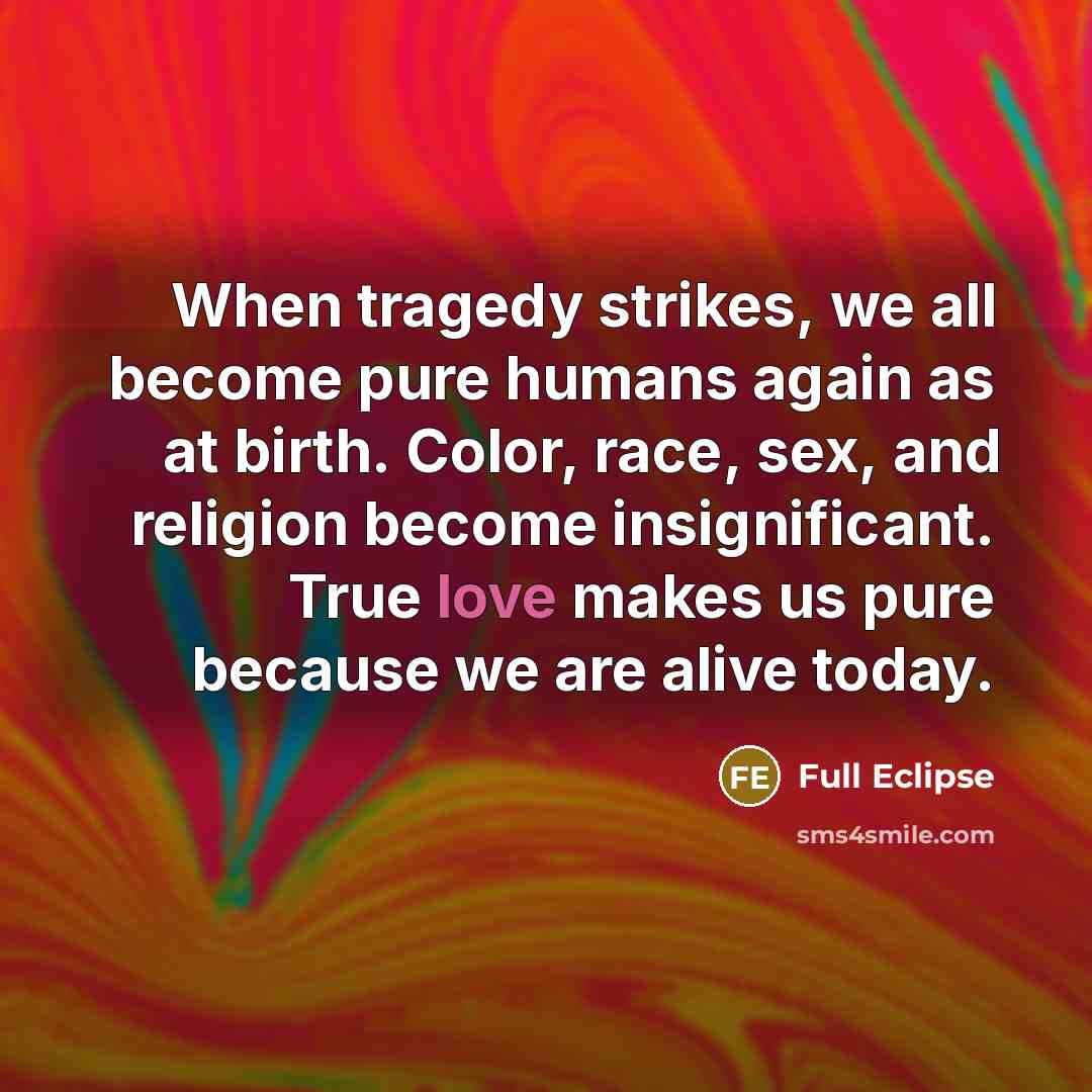 “When tragedy strikes, we all become pure humans again as at birth. Color, race, sex, and religion become insignificant. True love makes us pure because we are alive today.” quote by Full Eclipse