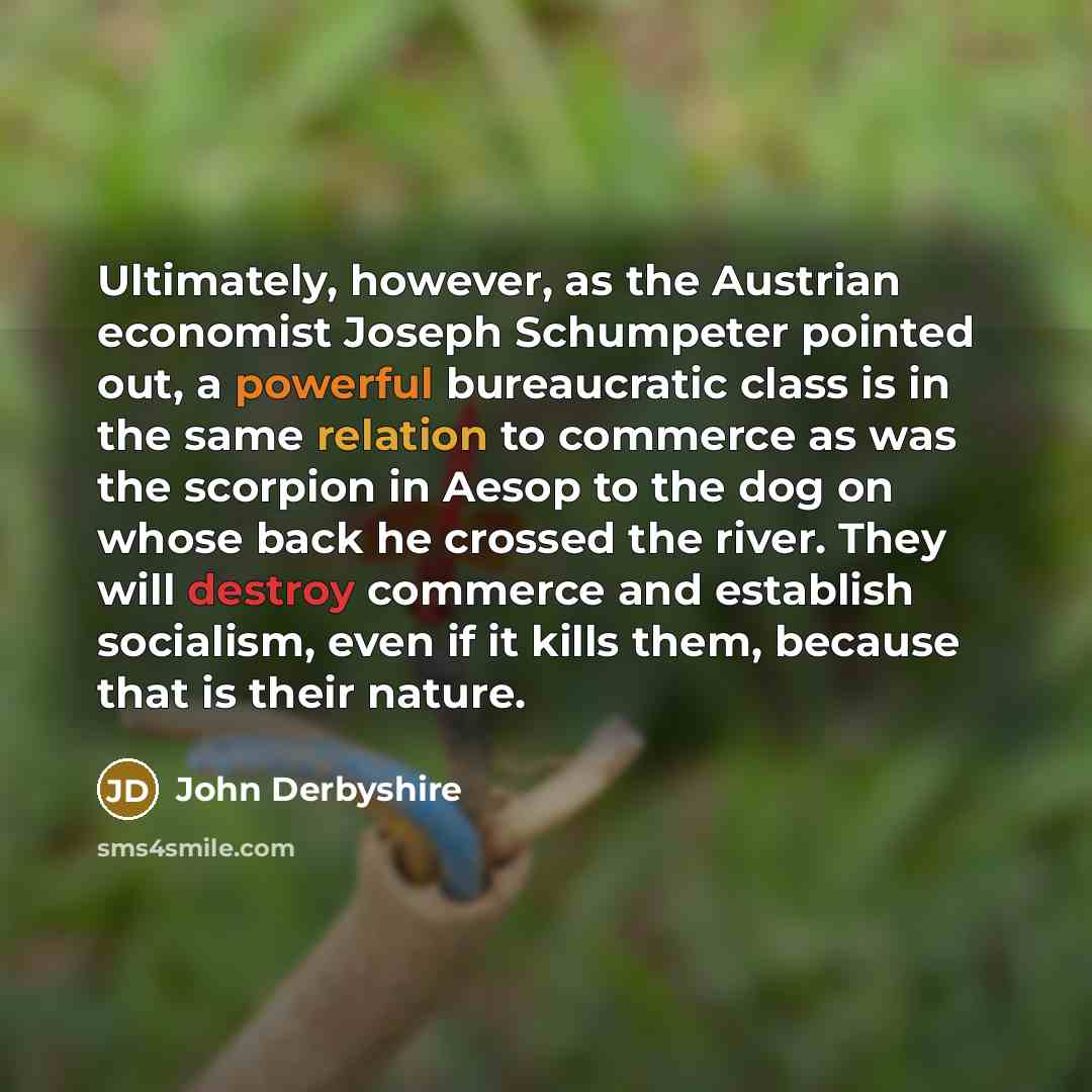 “Ultimately, however, as the Austrian economist Joseph Schumpeter pointed out, a powerful bureaucratic class is in the same relation to commerce as was the scorpion in Aesop to the dog on whose back he crossed the river. They will destroy commerce and establish socialism, even if it kills them…” quote by John Derbyshire