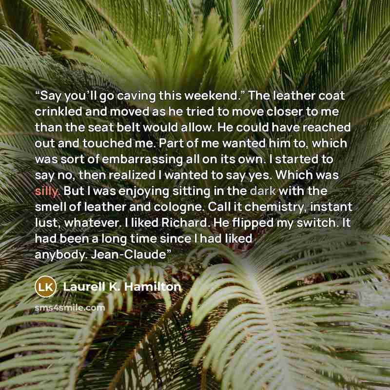 “Say you’ll go caving this weekend.” The leather coat crinkled and moved as he tried to move closer to me than the seat belt would allow. He could have reached out and touched me. Part of me wanted him to, which was sort of embarrassing all on its own. I started to say no, then realized I wanted to…” quote by Laurell K. Hamilton