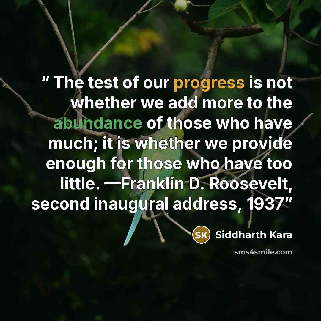 “The test of our progress is not whether we add more to the abundance of those who have much; it is whether we provide enough for those who have too little. —Franklin D. Roosevelt, second inaugural address, 1937” quote by Siddharth Kara
