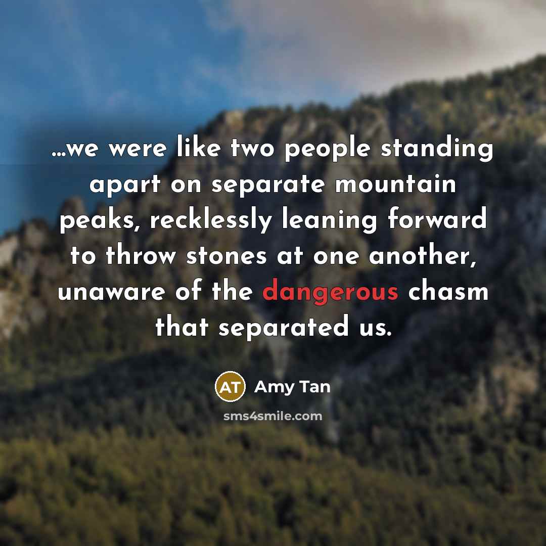 “...we were like two people standing apart on separate mountain peaks, recklessly leaning forward to throw stones at one another, unaware of the dangerous chasm that separated us.” quote by Amy Tan