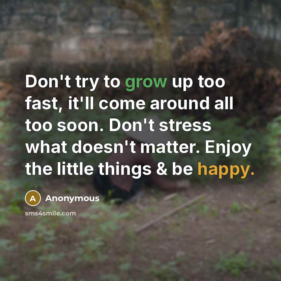 “Don't try to grow up too fast, it'll come around all too soon. Don't stress what doesn't matter. Enjoy the little things & be happy.” quote by Anonymous