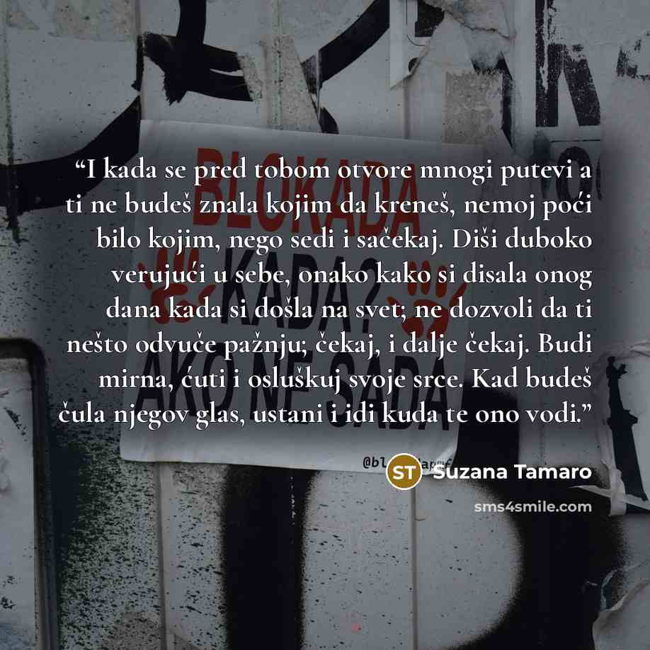 “I kada se pred tobom otvore mnogi putevi a ti ne budeš znala kojim da kreneš, nemoj poći bilo kojim, nego sedi i sačekaj. Diši duboko ver­ujući u sebe, onako kako si disala onog dana kada si došla na svet; ne doz­voli da ti nešto odvuče pažnju; čekaj, i dalje čekaj. Budi mirna, ćuti i os­luškuj…” quote by Suzana Tamaro