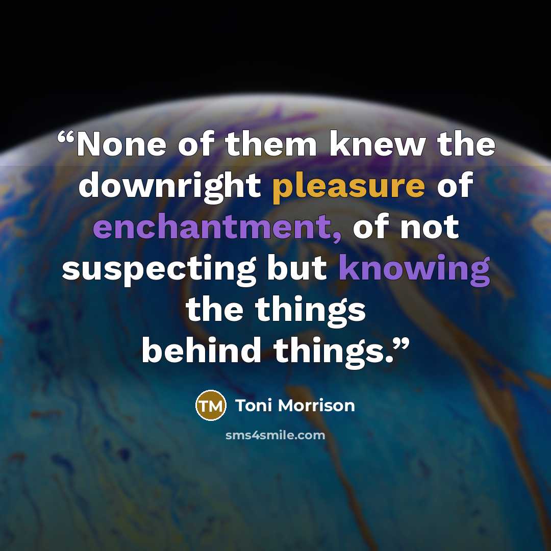 “None of them knew the downright pleasure of enchantment, of not suspecting but knowing the things behind things.” quote by Toni Morrison