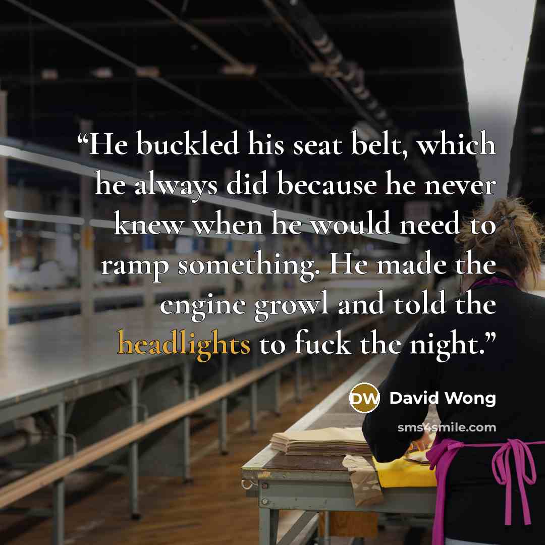 “He buckled his seat belt, which he always did because he never knew when he would need to ramp something. He made the engine growl and told the headlights to fuck the night.” quote by David Wong