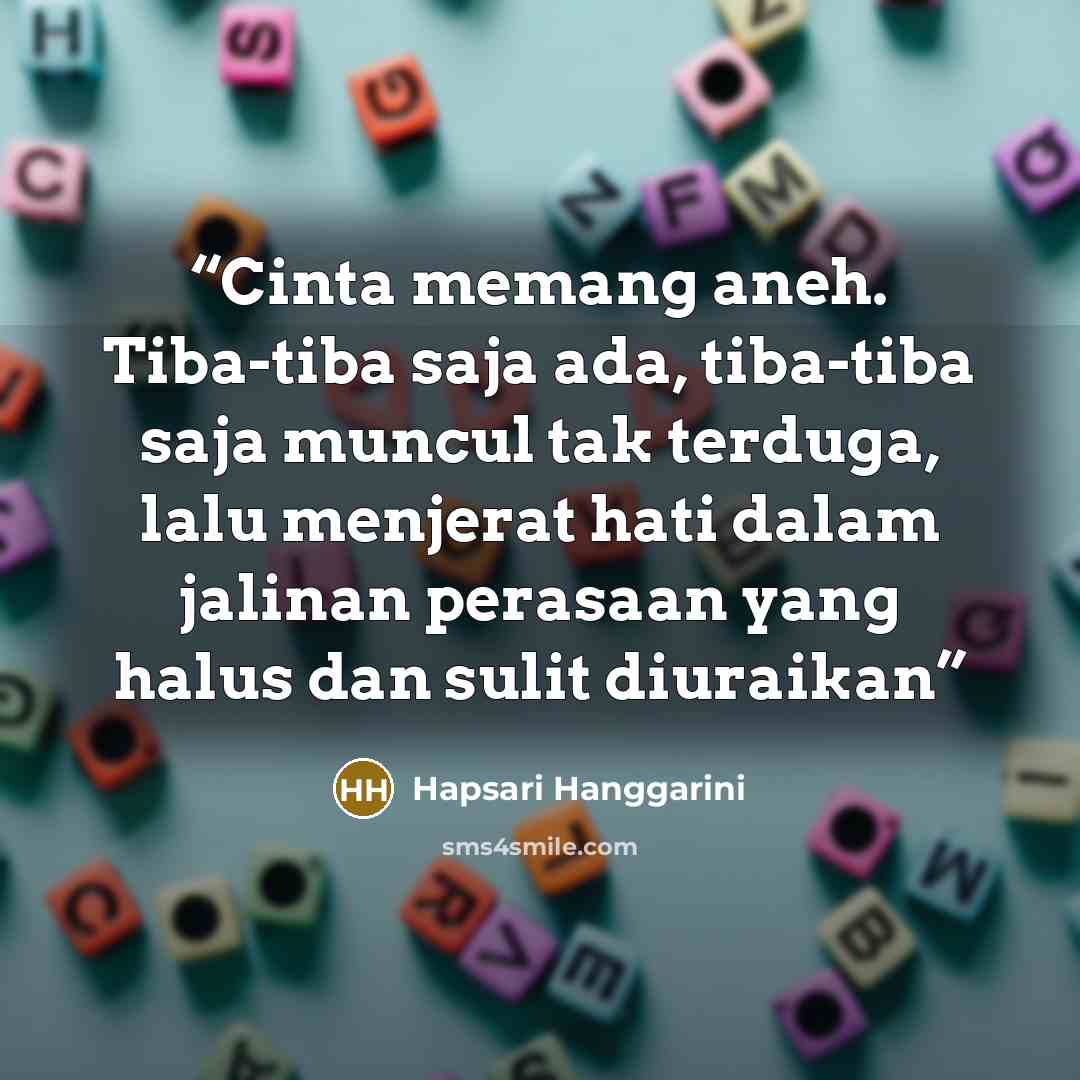 “Cinta memang aneh. Tiba-tiba saja ada, tiba-tiba saja muncul tak terduga, lalu menjerat hati dalam jalinan perasaan yang halus dan sulit diuraikan” quote by Hapsari Hanggarini
