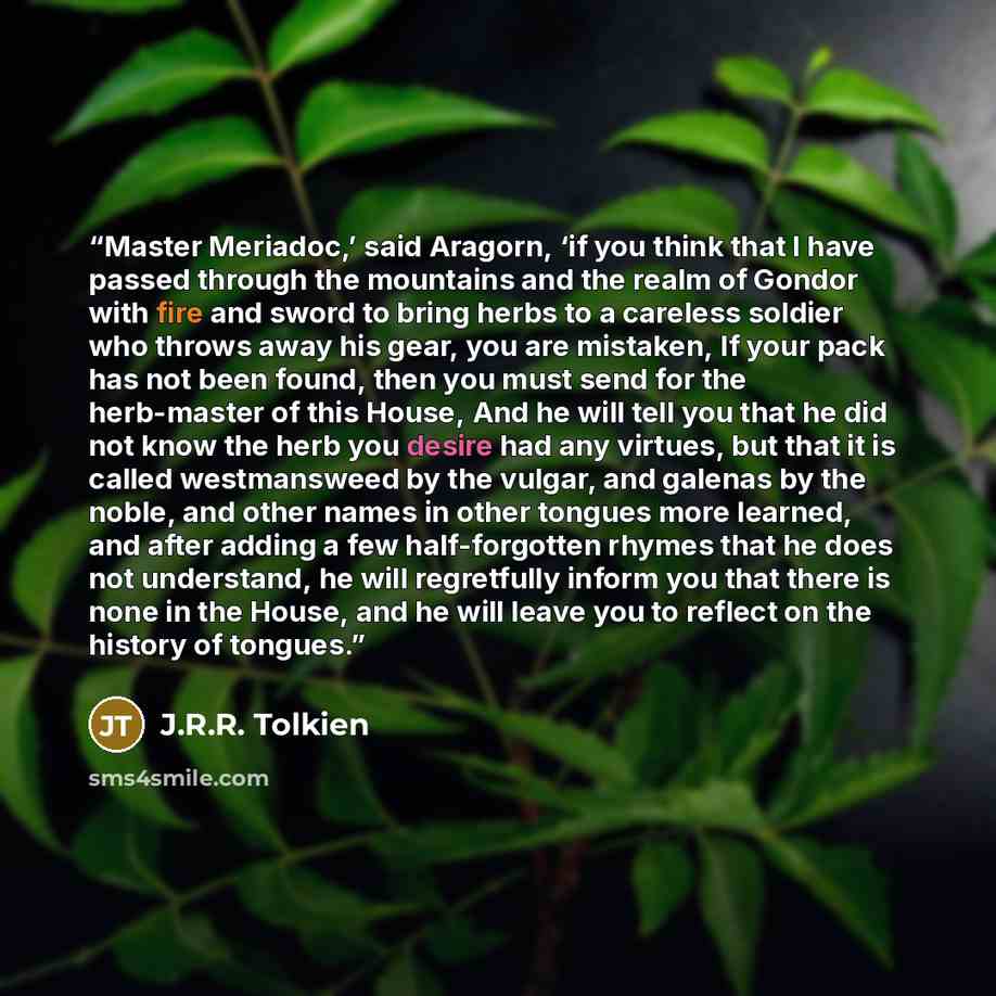 “Master Meriadoc,’ said Aragorn, ‘if you think that I have passed through the mountains and the realm of Gondor with fire and sword to bring herbs to a careless soldier who throws away his gear, you are mistaken, If your pack has not been found, then you must send for the herb-master of this House…” quote by J.R.R. Tolkien