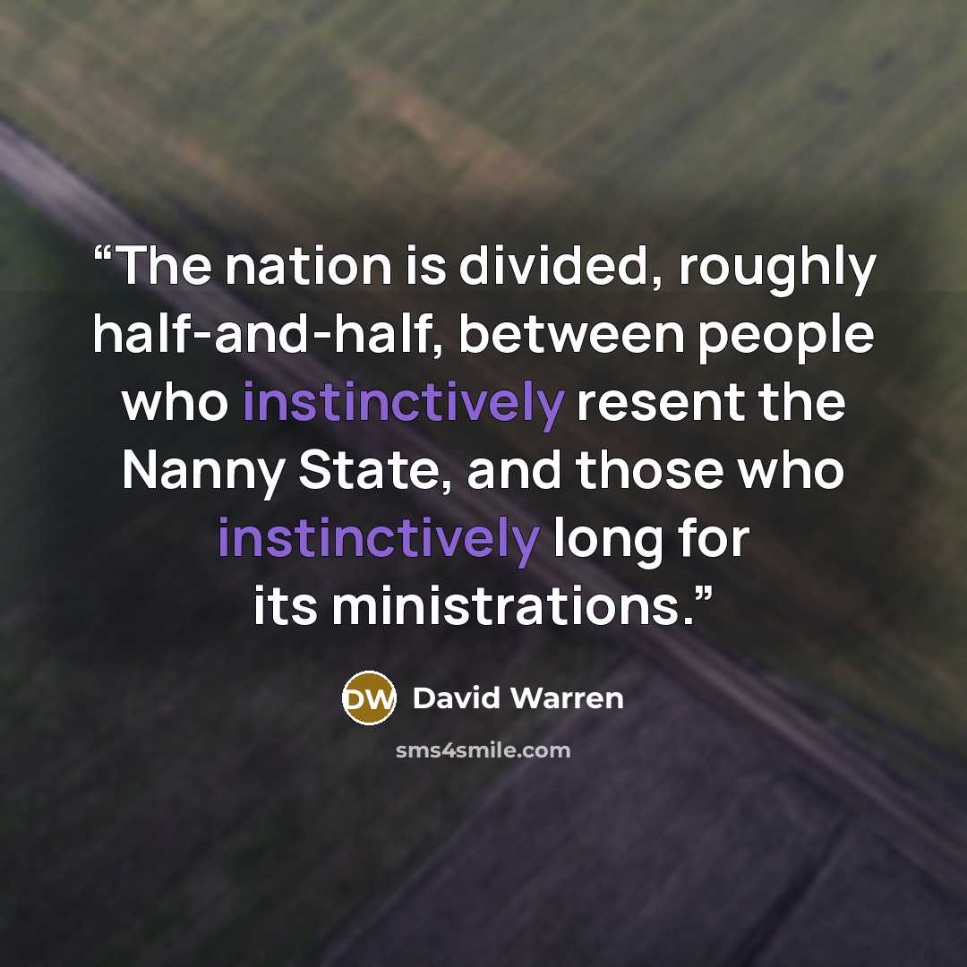 “The nation is divided, roughly half-and-half, between people who instinctively resent the Nanny State, and those who instinctively long for its ministrations.” quote by David Warren