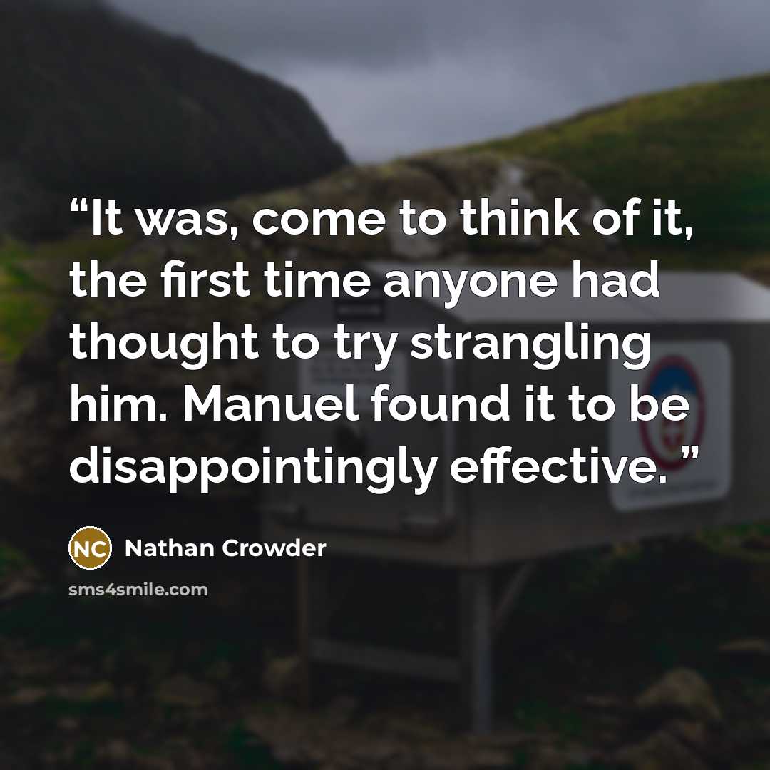 “It was, come to think of it, the first time anyone had thought to try strangling him. Manuel found it to be disappointingly effective.” quote by Nathan Crowder