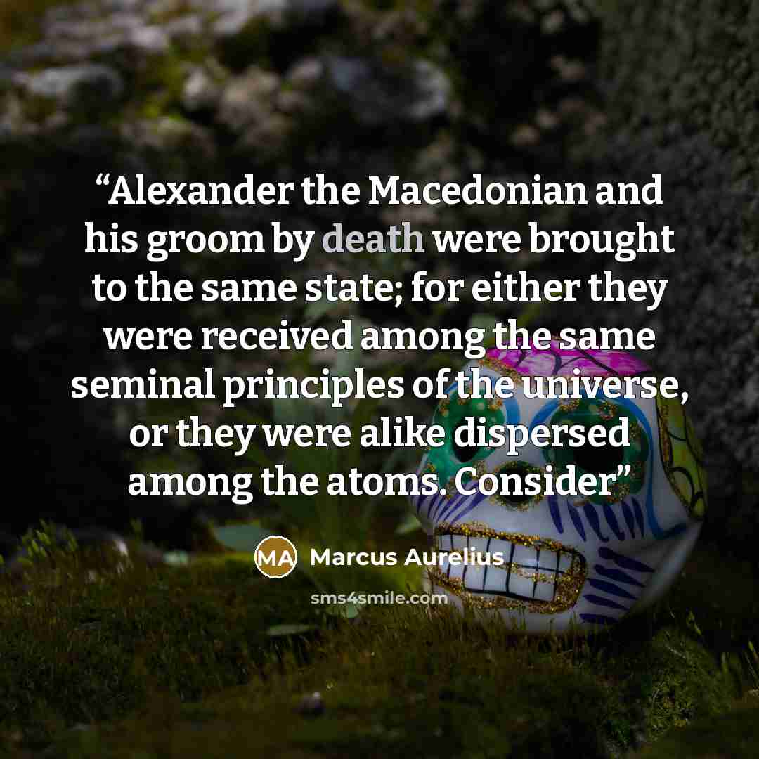 “Alexander the Macedonian and his groom by death were brought to the same state; for either they were received among the same seminal principles of the universe, or they were alike dispersed among the atoms. Consider” quote by Marcus Aurelius