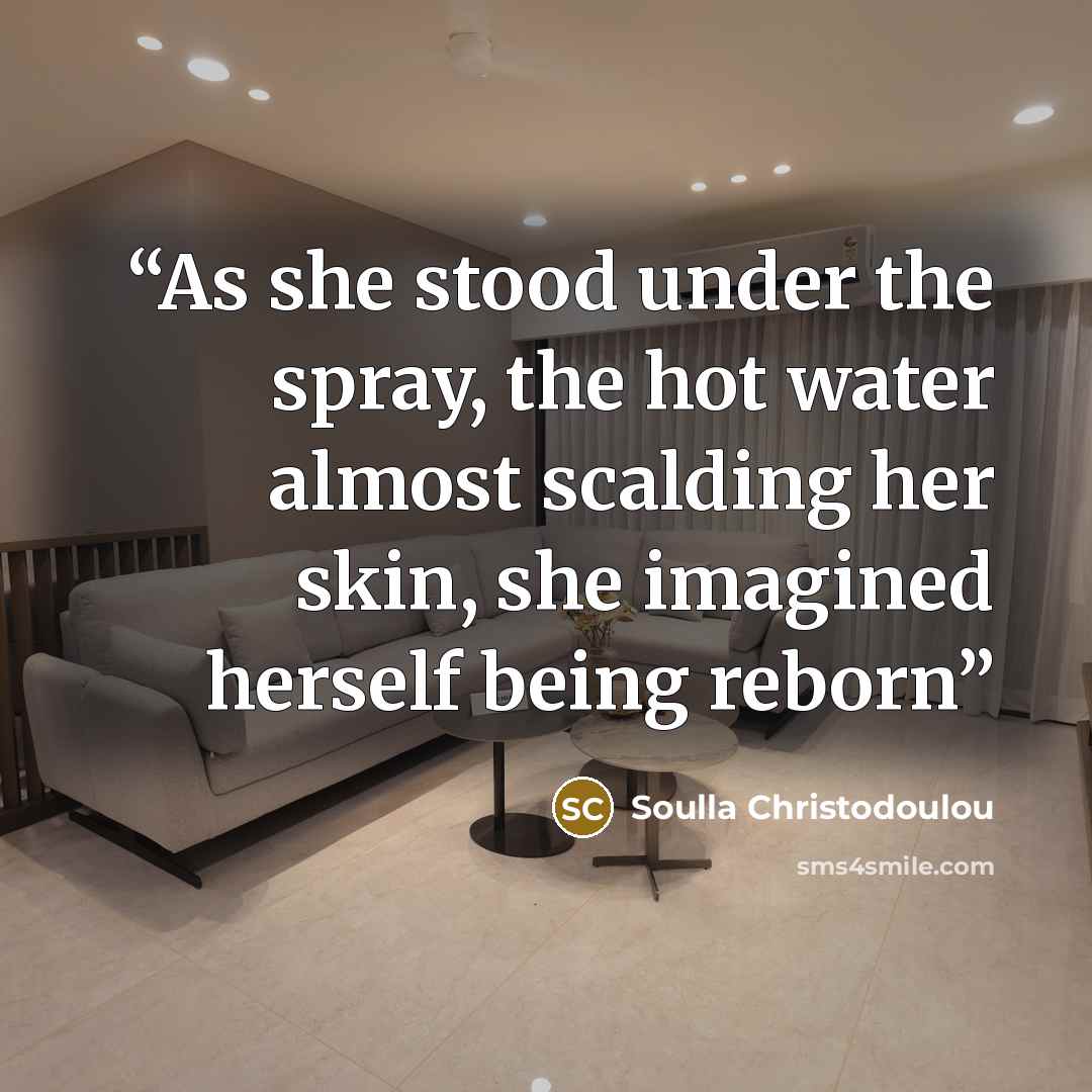“As she stood under the spray, the hot water almost scalding her skin, she imagined herself being reborn” quote by Soulla Christodoulou