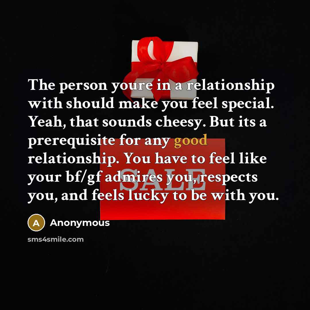 “The person youre in a relationship with should make you feel special. Yeah, that sounds cheesy. But its a prerequisite for any good relationship. You have to feel like your bf/gf admires you, respects you, and feels lucky to be with you.” quote by Anonymous
