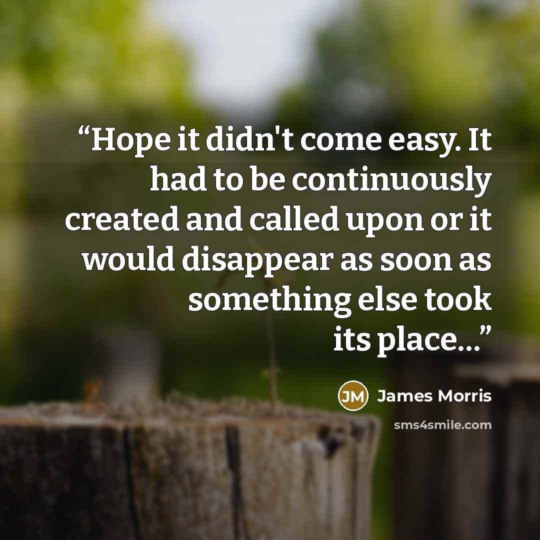 “Hope it didn't come easy. It had to be continuously created and called upon or it would disappear as soon as something else took its place…” quote by James Morris