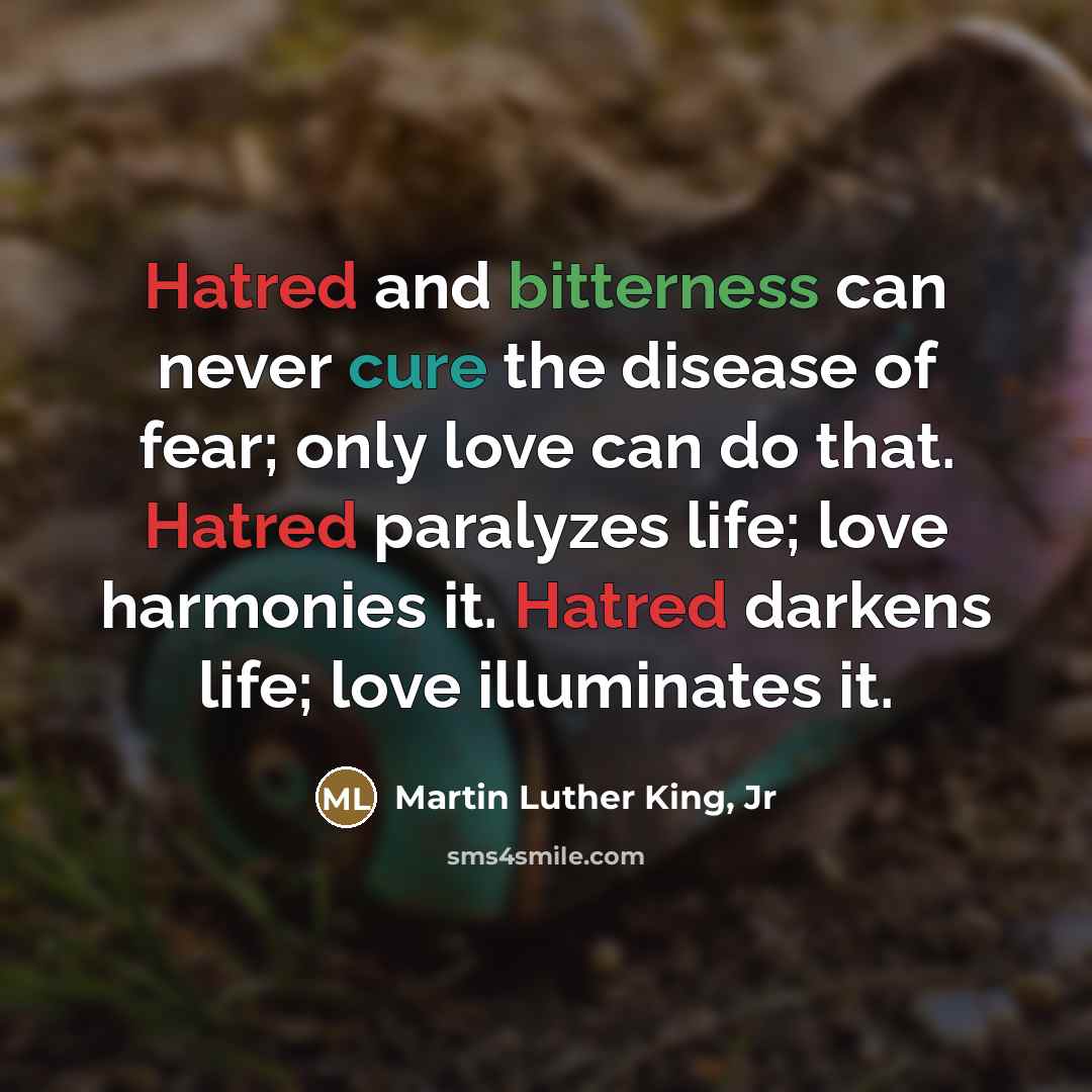 “Hatred and bitterness can never cure the disease of fear;…” quote by Martin Luther King, Jr