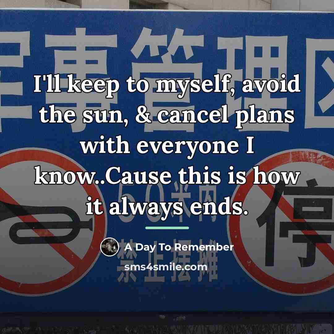 “I'll keep to myself, avoid the sun, & cancel plans…” quote by A Day To Remember