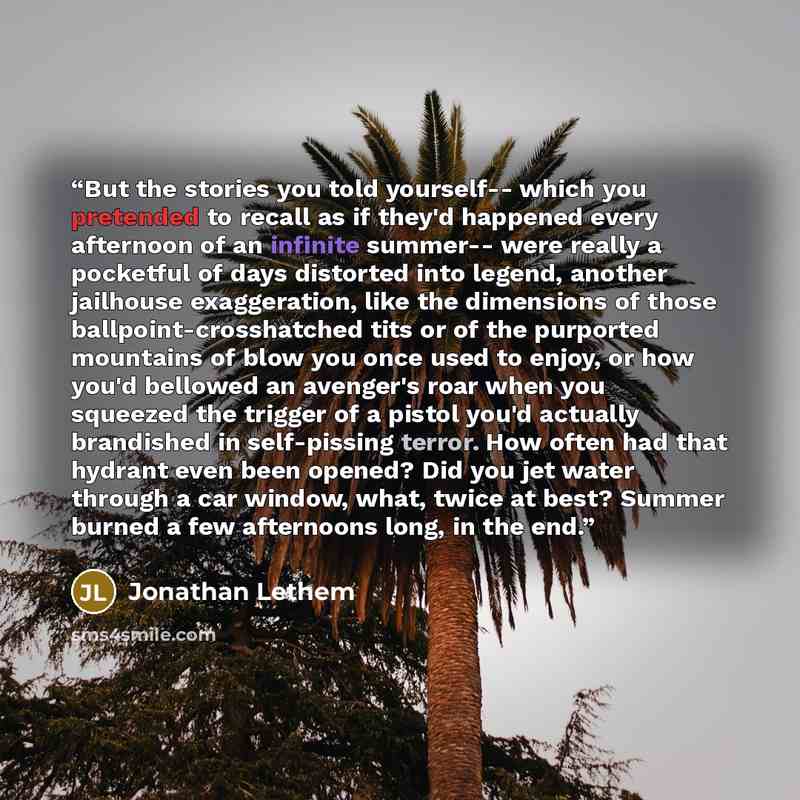 “But the stories you told yourself-- which you pretended to recall as if they'd happened every afternoon of an infinite summer-- were really a pocketful of days distorted into legend, another jailhouse exaggeration, like the dimensions of those ballpoint-crosshatched tits or of the purported…” quote by Jonathan Lethem