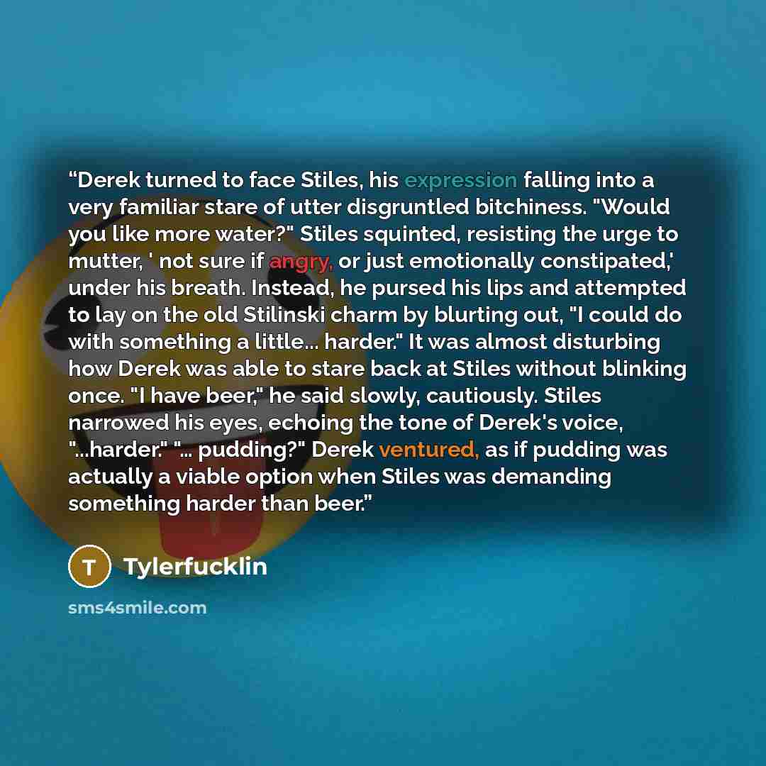 “Derek turned to face Stiles, his expression falling into a very familiar stare of utter disgruntled bitchiness. "Would you like more water?" Stiles squinted, resisting the urge to mutter, ' not sure if angry, or just emotionally constipated,' under his breath. Instead, he pursed his lips and…” quote by Tylerfucklin