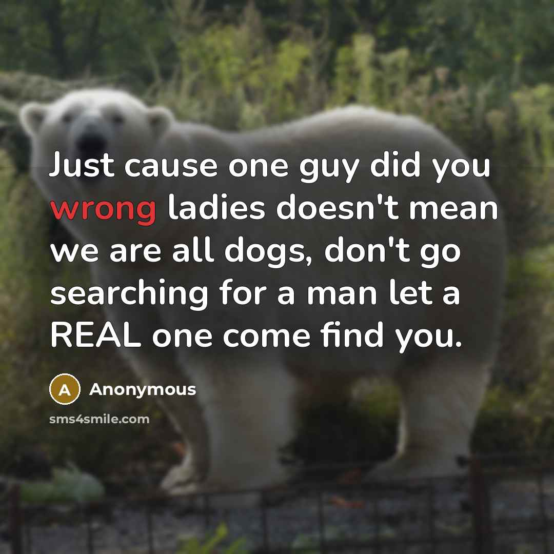 “Just cause one guy did you wrong ladies doesn't mean we are all dogs, don't go searching for a man let a REAL one come find you.” quote by Anonymous
