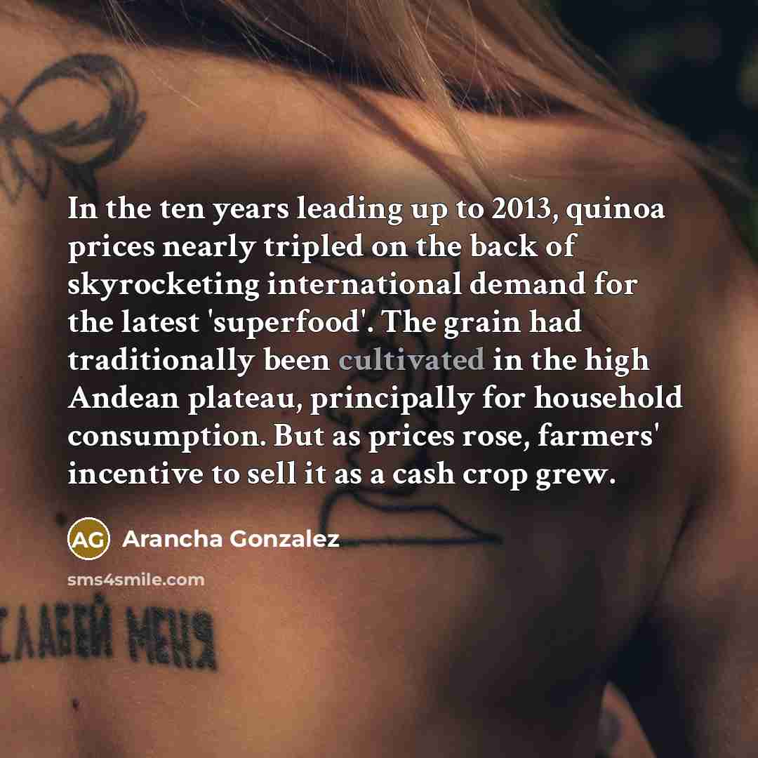 “In the ten years leading up to 2013, quinoa prices…” quote by Arancha Gonzalez