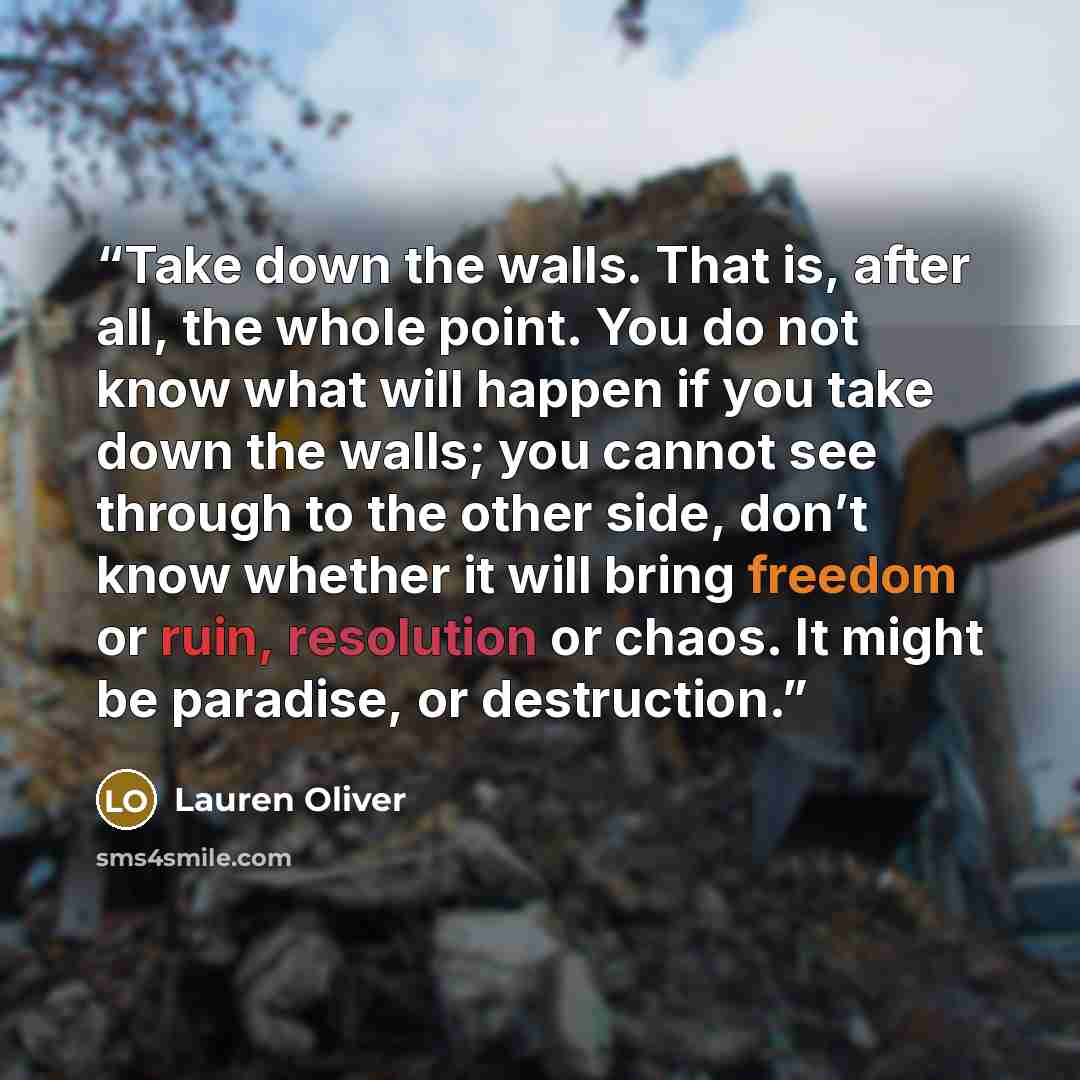 “Take down the walls. That is, after all, the whole point. You do not know what will happen if you take down the walls; you cannot see through to the other side, don’t know whether it will bring freedom or ruin, resolution or chaos. It might be paradise, or destruction.” quote by Lauren Oliver