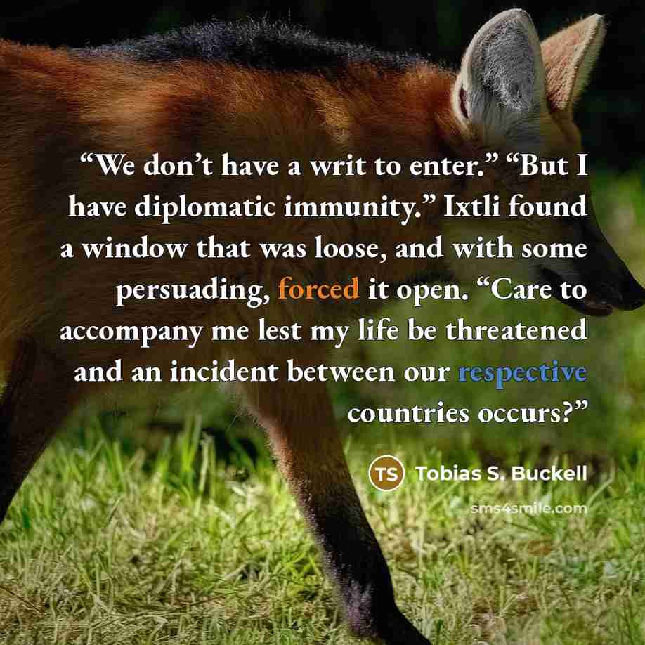 “We don’t have a writ to enter.” “But I have diplomatic immunity.” Ixtli found a window that was loose, and with some persuading, forced it open. “Care to accompany me lest my life be threatened and an incident between our respective countries occurs?” quote by Tobias S. Buckell