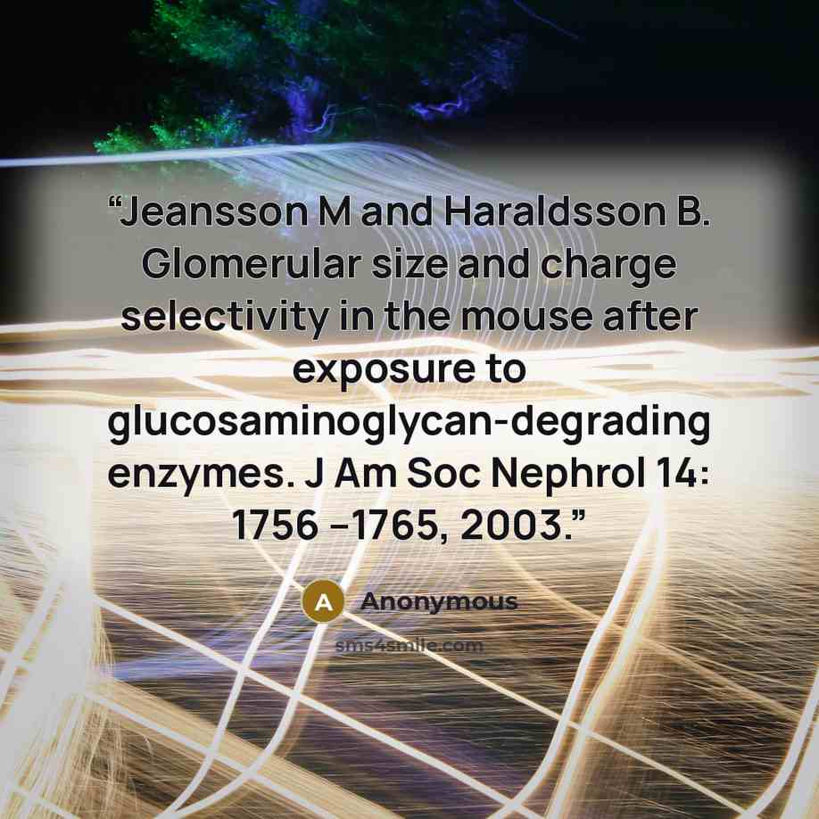 “Jeansson M and Haraldsson B. Glomerular size and charge selectivity in the mouse after exposure to glucosaminoglycan-degrading enzymes. J Am Soc Nephrol 14: 1756 –1765, 2003.” quote by Anonymous
